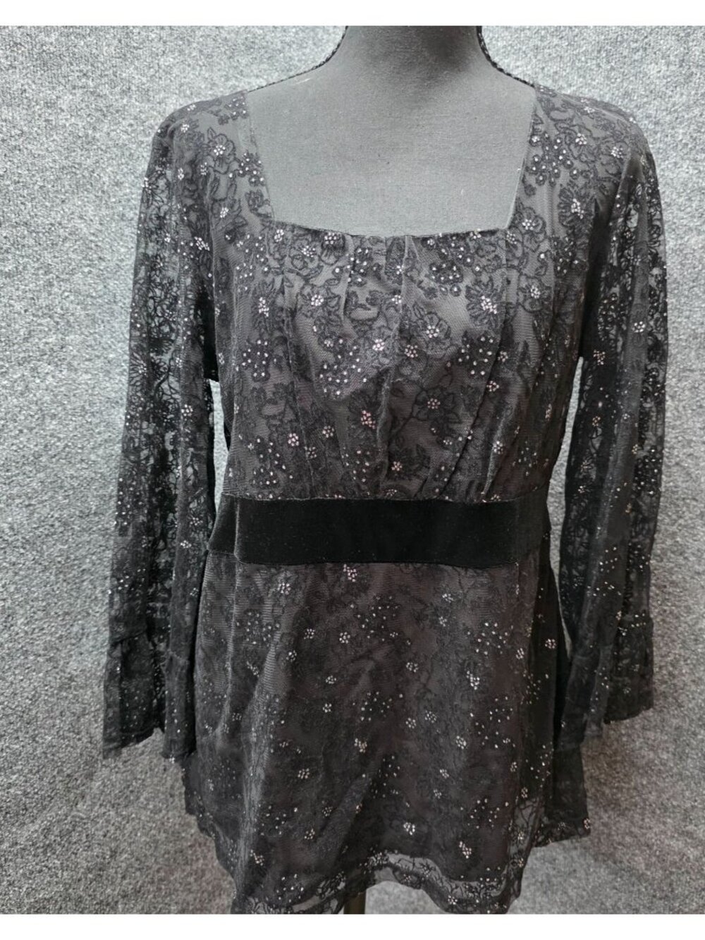 Notations Black Lace Mesh Blouse L Sheer Sleeve Goth Dark Fairy Coquette